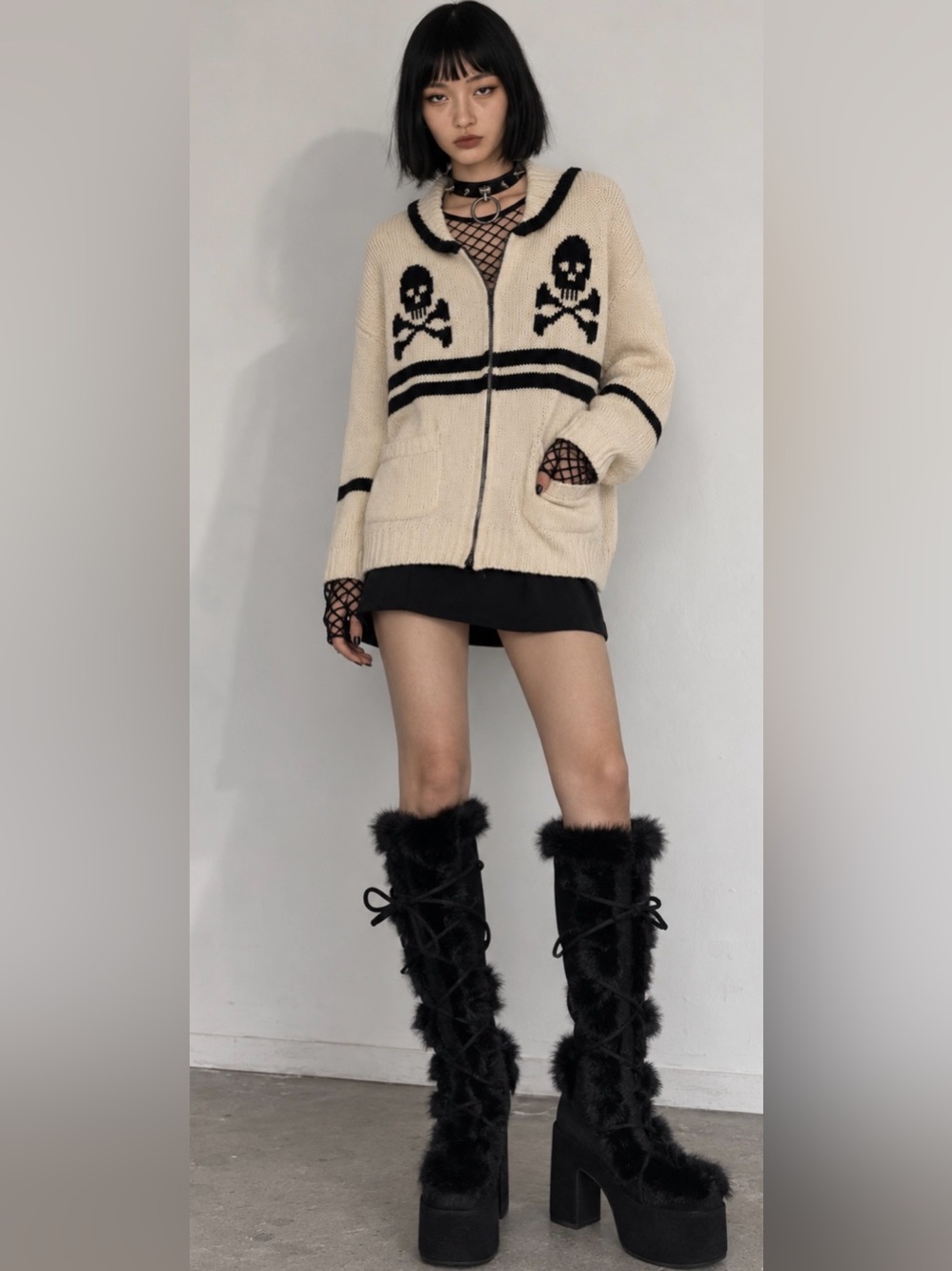 Black Faux Fur Platform Knee High Boots Lace Up Punk Block Heel Y2K Goth 40 8.5